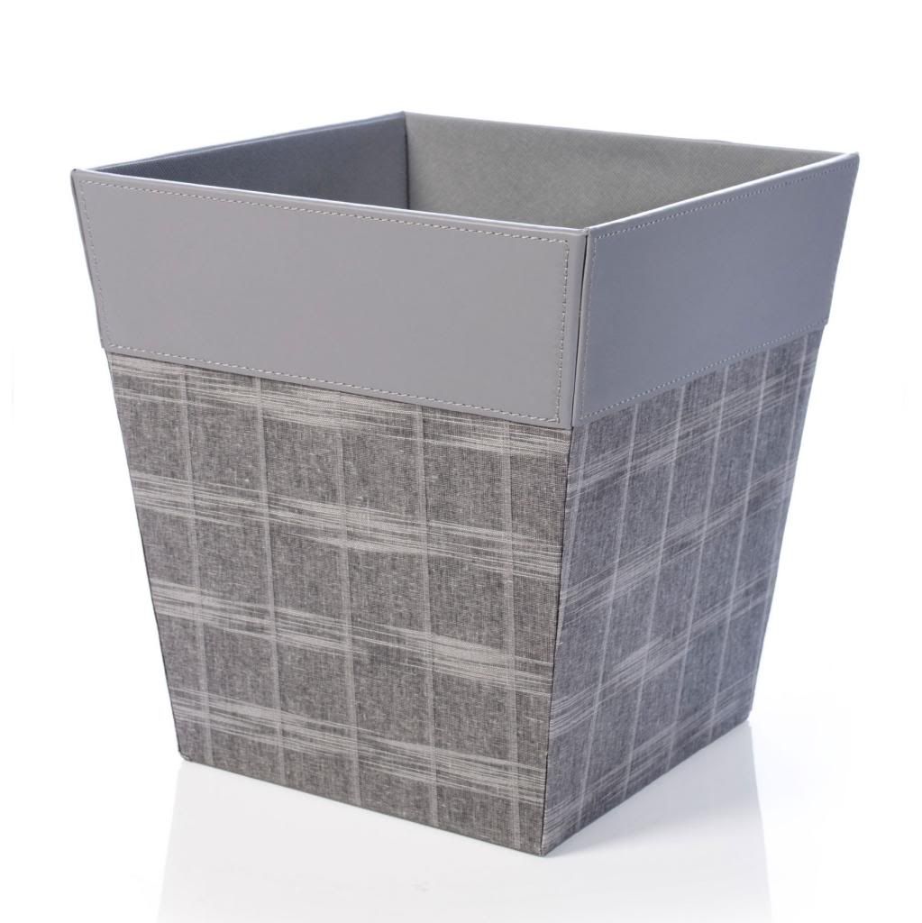 GREY CHECK FAUX LEATHER STRONG SQUARE WASTE PAPER RUBBISH BIN BEDROOM