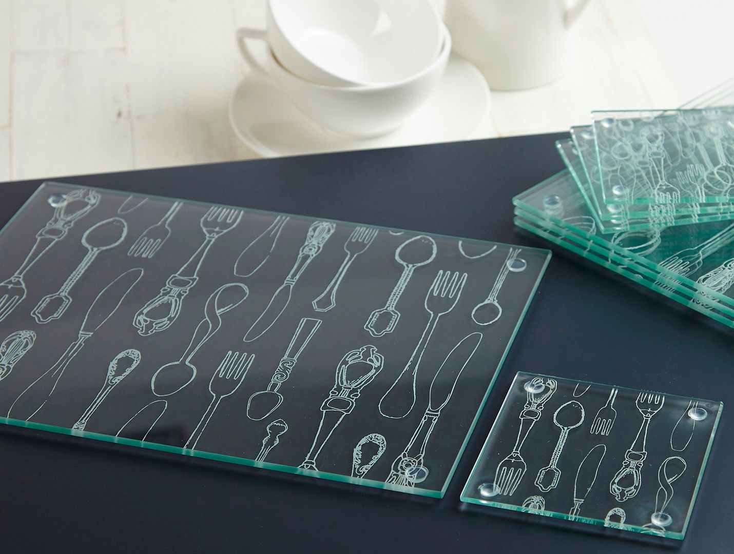 Set of 4 Everyday Home CUTLERY Toughened Glass PLACEMATS & 4 COASTERS